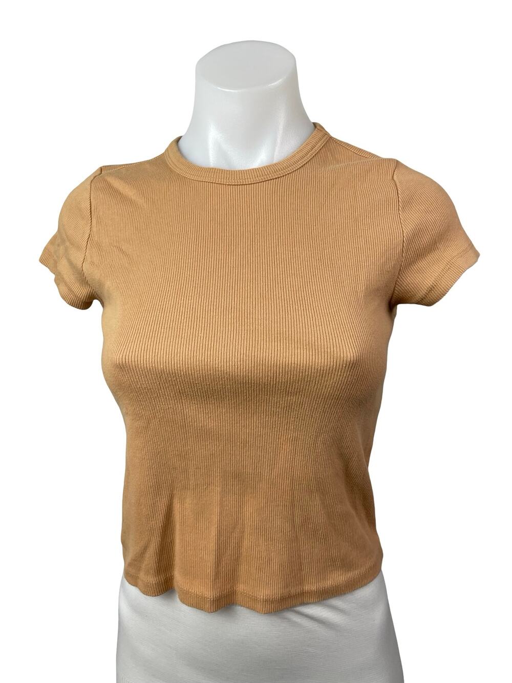 Anthropologie Maeve Tan Ribbed Knit Short Sleeve Baby Tee T Shirt Top Size M